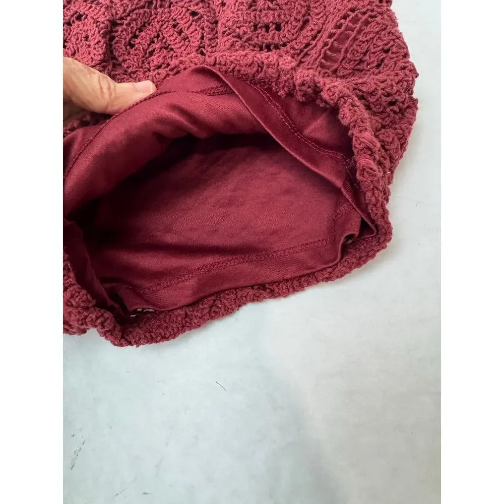 Boho Zara Crochet Shorts Burgundy Red High Waisted Cottagecore Hot Pants Medium